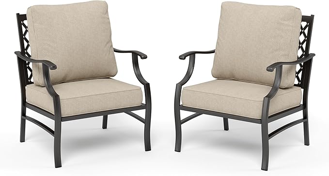 HERA'S HOUSE Outdoor Chairs Set of 2, 2 x Patio Chair with Beige Cushions, All Weather Outdoor Furniture for Lawn Garden Backyard Deck(Leg Chairs)