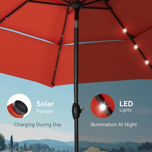 PHI VILLA 10ft Patio Umbrella with Light, Outdoor Large Auto-Tilt 3 Tier Market Table Umbrellas with 8 Sturdy Ribs and 1.5" Pole for Lawn Poolside Garden Terrace, Orange Red