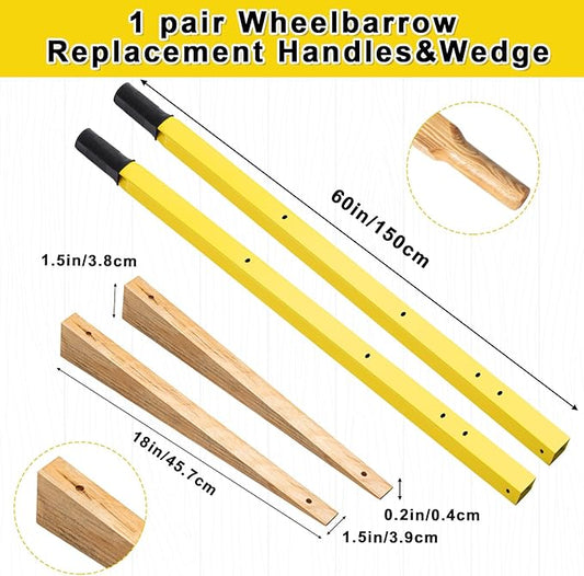 WILLBOND 1 Pair Wheelbarrow Replacement Handles Kit 60 Inches Metal Wheelbarrow Handles Yellow Heavy Duty with 2 Pcs Wedge and Pre Drilled Holes, Easy Install
