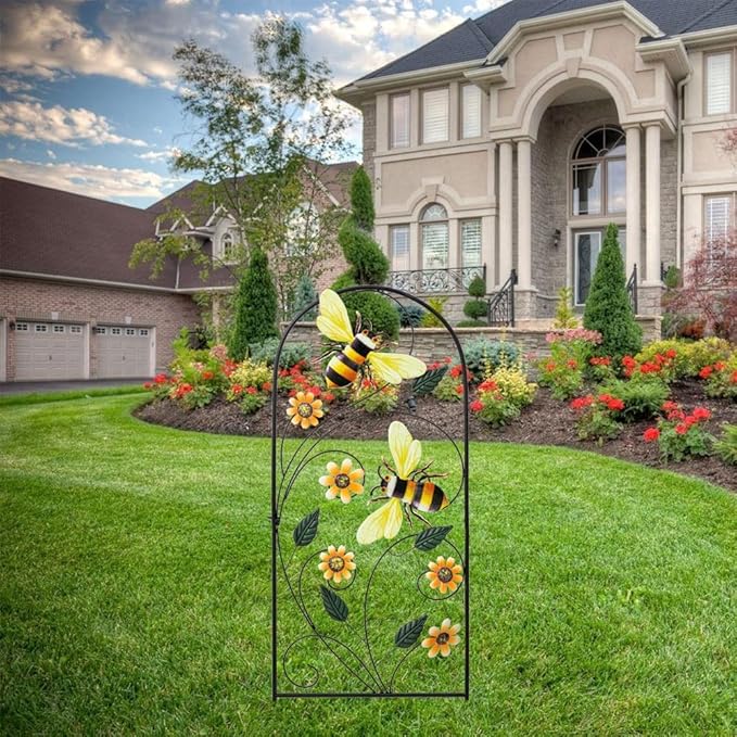 YEAHOME 34 Inch Decorative Metal Spring Garden Stakes with Flowers Bees, Vibrant Decorative Metal Spring Style, Metallic, Outdoor Decorative Garden Stakes