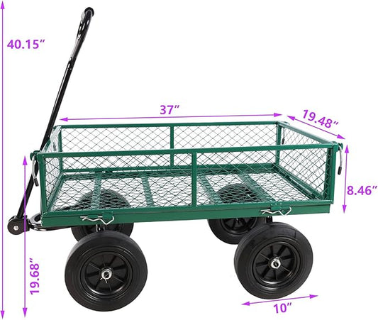 Heavy-Duty Solid Tire Garden Dump Cart - 4.86 cu. ft. Yard Wagon Cart with 600 LBS Capacity & Spacious Mesh Bed (37" x 19.5") - No-Flat Tires, Utility Wagon