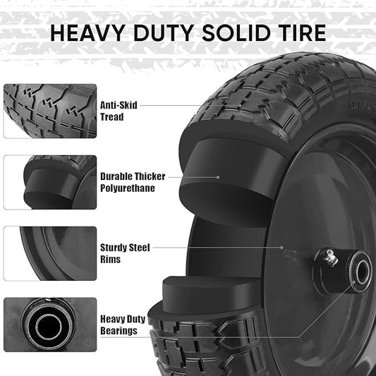TICONN 4.80/4.00-8 Tire, 14.5" Flat Free Wheelbarrow Tire and Wheel, Solid Replacement Tires, 5/8" 3/4" Bearings, Universal Fit 4.80/4.00-8, 3.50/3.00-8, 4.00-6 (14.5" Black, 4PK)