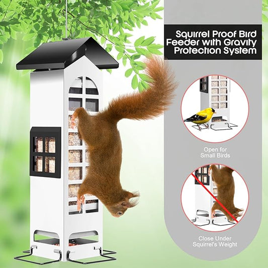 Squirrel Proof Bird Feeder, Metal Bird Feeders for Outdoors Hanging,2LB Large Capacity Gravity Protection Squirrel-Proof Mesh Wild Bird Feeders with Finch Cardinal Chickadee-White