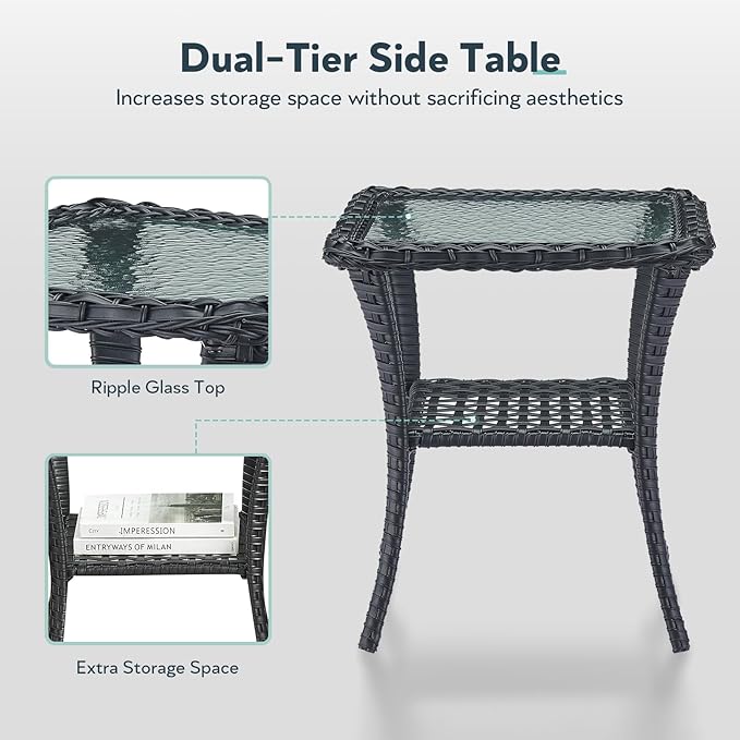 6 Piece Patio Furniture Set - Wicker Patio Conversation Set with Swivel Glider, 3-Seater Sofa, Tempered Glass Side Table and 2 Ottomans for Deck Backyard - Black Wicker Beige Cushion