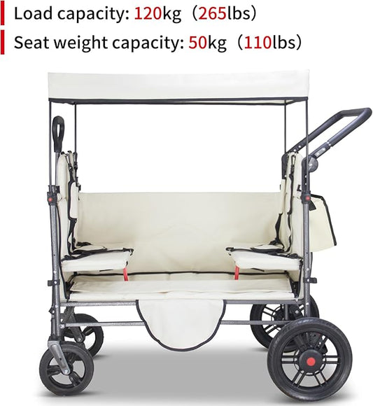 TMZ Collapsible Wagon Cart with Side-Opening Seat Conversion Design, Foldable Utility Wagon with 2 Seats, Heavy Duty Wagon 265 lbs Load Capacity (Beige)