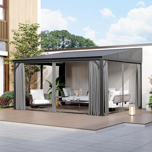 MOUMON 12x14Ft Hardtop Gazebo, Aluminum Frame Wall Mount Outdoor Gazebo with Netting & Curtains, Sloping Galvanized Iron Roof, Sun Shade Pergola Canopy for Patio Garden Backyard, Black Grey