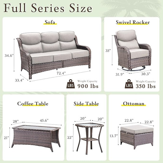 Luxury High Back Outdoor Furniture with 6-inch Extra Thick Cushions, Patio Furniture Set with Swivel Chairs, 10 PCS Wicker Conversation Set for Yard, Deck, Poolside, Brown/Beige