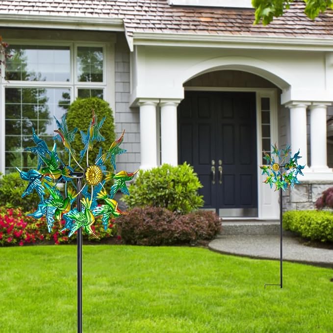 Viveta Wind Spinners for Yard and Garden, Hummingbird Wind Spinners with Metal Stake, 57.5" Double Wind Spinner Yard Art Decor for Patio Lawn Garden