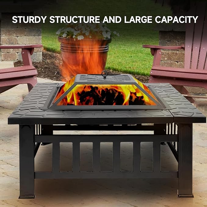 32" Fire Pit Table with Mesh Lid, Wood Burning Fireplace/Firepit with Poker and Accessories