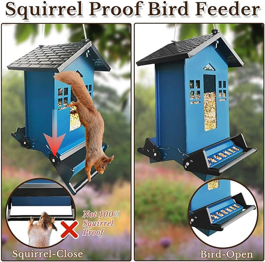 Squirrel Proof Bird Feeder, Bird Feeders Hanging for Outdoors 6 Lbs Seed, Wild Metal Birdfeeder for Small Birds, Cardinal, Outside, Garden (Blue)