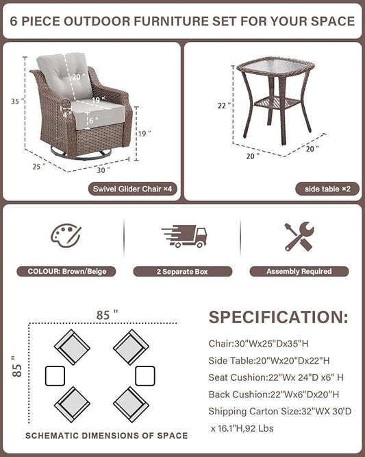 Belord Luxury 6-inch Thick Cushion Patio Furniture Set - Outdoor Swivel Rocker Glider Chairs Set of 4 with Glass Top Side Table, All-Weather Wicker Patio Conversation Set for Deck Balcony Sunroom