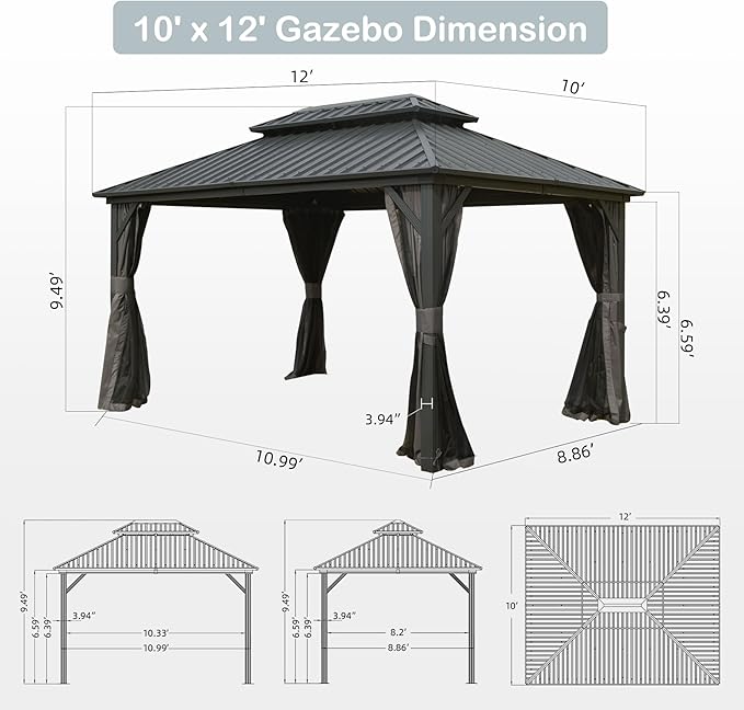 Domi Hardtop Gazebo 10x12FT, Aluminum Outdoor Gazebo with Galvanized Steel Double Roof Canopy, Curtains and Netting Included, Metal Gazebo Permanent Pavilion for Patio, Lawn, Garden, Gray