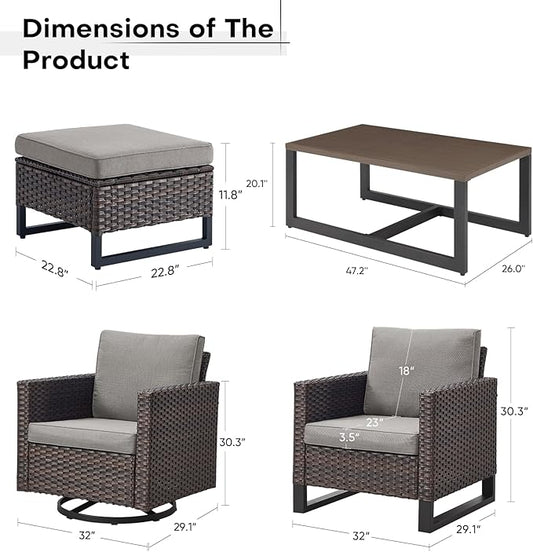 Wicker Furniture Set: 7 Piece Outdoor Furniture Set with 2 Swivel Chairs, 2 Single Chairs, Coffee Table and 2 Ottomans - Brown / Grey