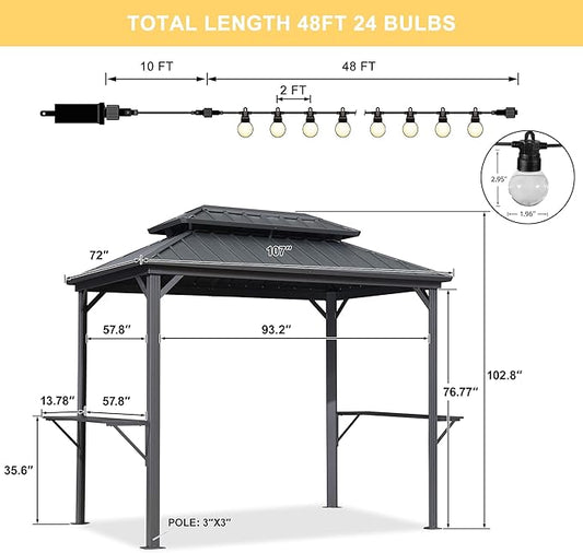 PURPLE LEAF 6' X 9' Hardtop Grill Gazebo for Patio Aluminum Barbeque Canopy with 24 Clear Light Bulbs and Shelves Double Tiered Grey Outdoor BBQ Gazebo