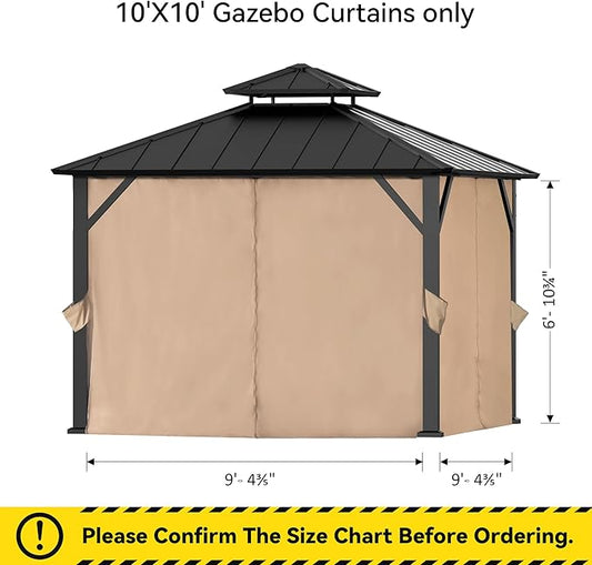 Gazebo Curtain Replacement Universal 4-Panel Sidewalls 10' x 10', Outdoor Gazebo Privacy Curtains with Zipper, Replacement for Outdoor, Patio Canopy, Garden and Backyard (Curtain Only)