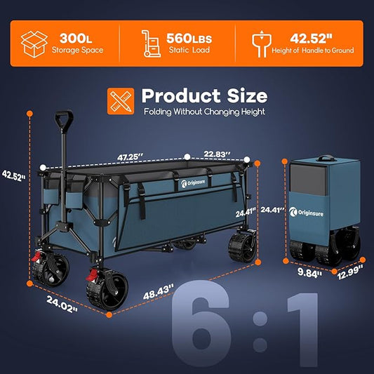 48" L Collapsible Wagon Cart Foldable, 560lbs Weight Capacity 300L Heavy Duty Folding Beach Wagons with Big All-Terrain Wheels, Utility Carts for Groceries, Shopping, Camping, Sports - Grey&Blue