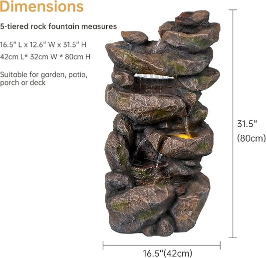 Ferrisland 31.5"H Outdoor Floor Waterfall Fountain, 5 Tier Rustic Rock Freestanding Water Fall Feature with Cascading Streams & LED Lights, Home Décor for Garden, Patio, Yard, Deck & Porch, Gift Ideas