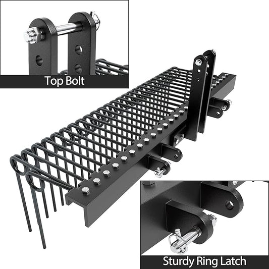 60 in Pine Straw Needle Rake, 3 Point Landscape Rake, Powder Coated Steel Spring Tow Behind Rakes, Tractor Attachments for Leaves Straw Grass Attach to Cat 0 Cat 1, Black