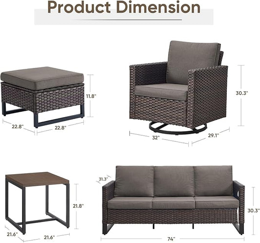 Wicker Patio Furniture Set, 6 PCS Outdoor Patio Furniture Set with Swivel Chairs, Includes 2 Swivel Patio Chairs, 1 Outdoor Couch, 1Side Table and 2 Ottoman, Brown/Grey