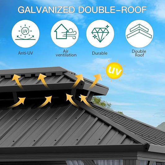 12'x12' Hardtop Gazebo, Heavy Duty Aluminum Permanent Hardtop Gazebo Outdoor Pavilion with Curtains and Netting for Garden (Gray, 12'x12')