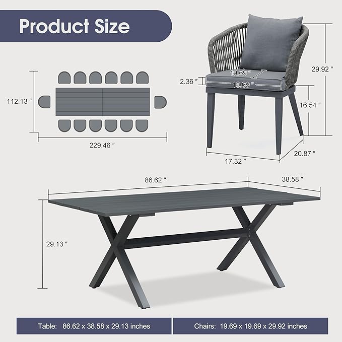 PURPLE LEAF 16 Pieces Patio Dining Set Wicker Outdoor Furniture Rectangular Table and Chairs Set for Garden Deck Aluminum Frame Backyard Kitchen Set, Cushions and Pillows Included Grey