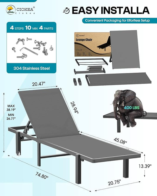 Aluminum Chaise Lounge Chair Outdoor with Wheels, Patio Lounge Chair with Adjustable 5-Position Recliner and Full Flat Tanning Chair for Patio, Beach, Pool, Grey
