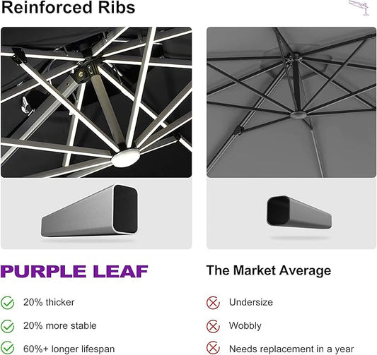 PURPLE LEAF 12ft Solar powered LED Patio Umbrella Outdoor Round Umbrella Large Cantilever Umbrellas with LED lights Windproof Offset Umbrellas Heavy Duty Sun Umbrella for Garden Deck Pool Patio, Black
