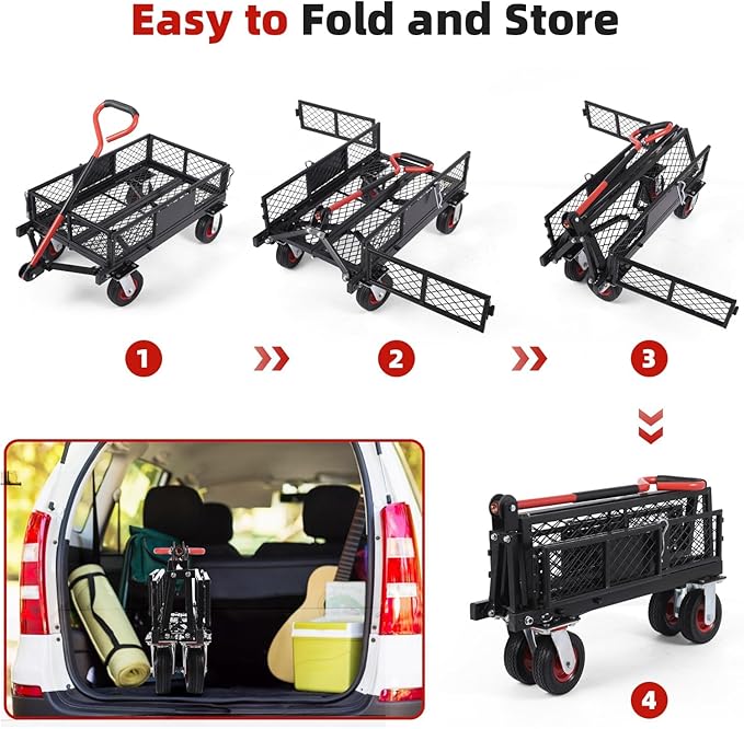 Garden Cart, Heavy-Duty Collapsible with Removable Mesh Sides, All-Terrain Wheels & 180° Rotating Handle for Gardening, Camping, Shopping and Outdoor Use