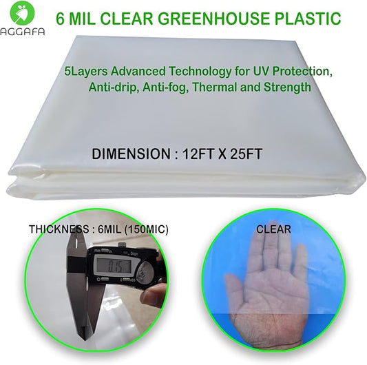 6 mil (12ft x 25ft) 100% Virgin Material. 5Layers Advanced Extrusion Technology for UV Protection, Anti-drip, Anti-Fog, Thermal and Strength. 4Years Lifetime UV Resistant Greenhouse Plastic