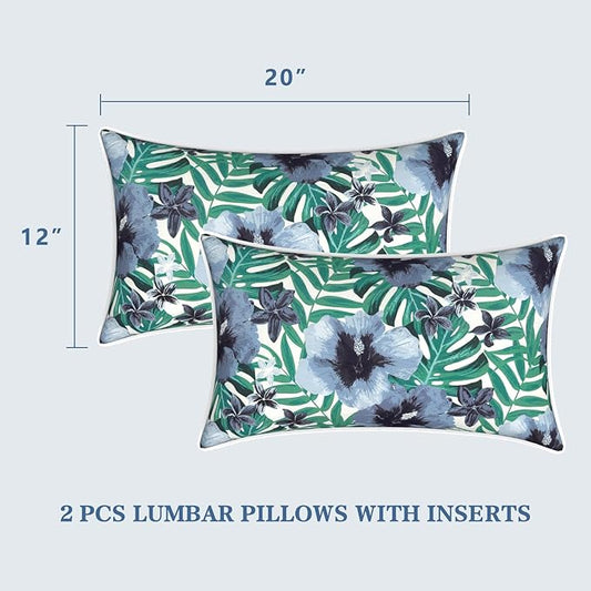 LVTXIII Set of 2 Outdoor Lumbar Pillows for Patio Furniture with White Piping, 12"x20" Fade Resistant Patio Lumbar Pillows with Inserts for Home Coach Sofa Use, Blue Salmone Tropical