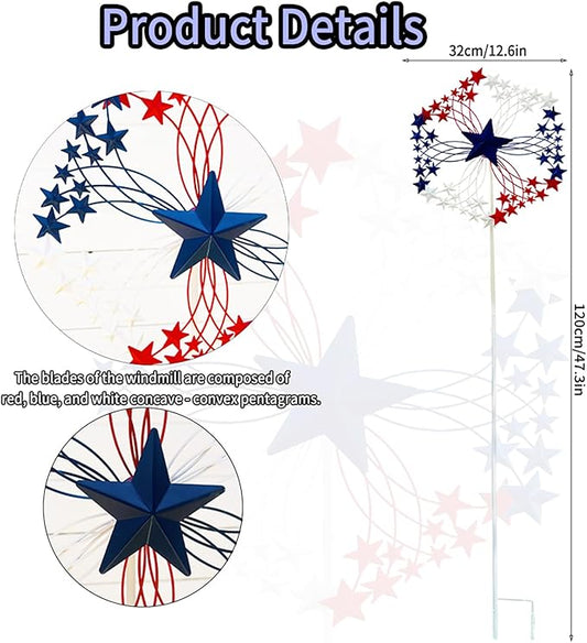 47.3” Red White & Blue Patriotic Wind Spinner – Star Design American Flag Spinner Outdoor – Metal Garden Spinners for Yard, Lawn & Patio Decor