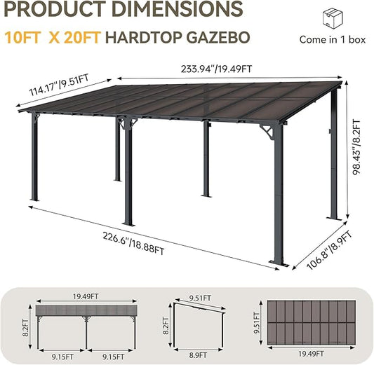 Aoxun 20' x 10' Gazebo for Patio, Gazebo Pergola with Sloped Roof, Large Wall-Mounted Heavy Duty Awnings, for Backyard, Deck, Patio (Black)