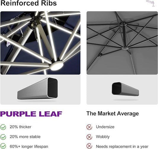PURPLE LEAF 11ft Solar powered LED Patio Umbrella Outdoor Round Umbrellas Large Cantilever Umbrella with LED lights Windproof Offset Umbrellas Sun Umbrella for Garden Deck Pool Patio, Navy Blue