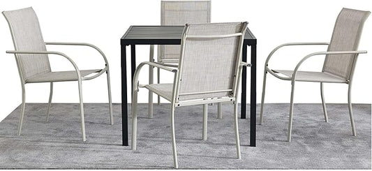 5 Pieces Round Dining Table Set for 4, Patio Dining Set Includes 4 Grey Stackable Patio Chairs and 1 Black Square Table, Patio Furniture Setss with Sling Support for Outside, Garden