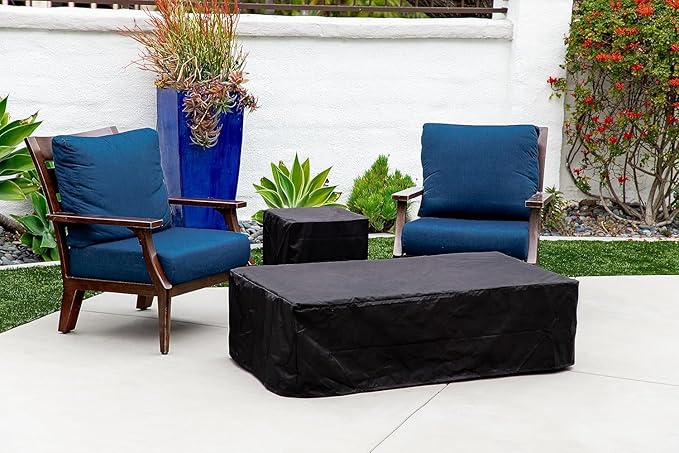 AMS Creations | Chelsea 55 inches Rectangular Propane Gas Outdoor Fire Pit Table | Concrete GFRC Fire Pit Table | with SS Burner, Tank Cover, Canvas Cover, SS Lid, Lava Rock, and Wind Guard Included
