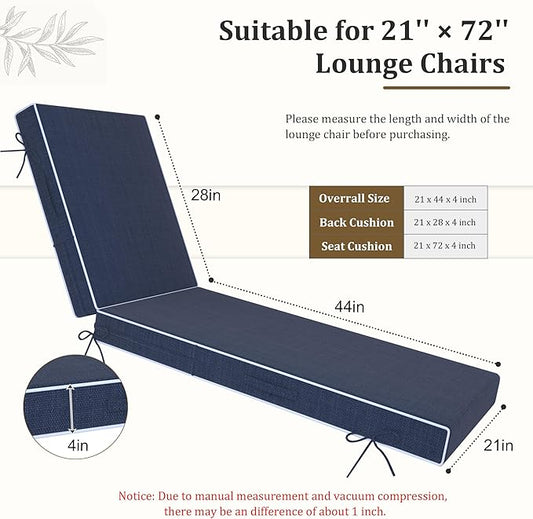 Chaise Lounge Cushions Outdoor Furniture 72 x 21 Inch Olefin Patio Lounge Chair Cushions 4'' Thick Waterproof Outdoor Chaise Cushion Weather Resistant Pool Lounger Cushion (Navy)