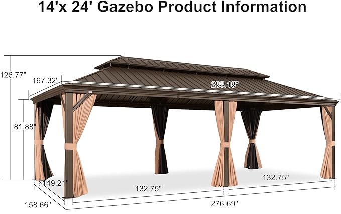 PURPLE LEAF 14' X 24' Outdoor Hardtop Gazebo Patio Wide Aluminum Frame Metal Double Roof with Heavy Duty Netting and Curtains for Permanent Hard Top Pavilion Screen, Khaki