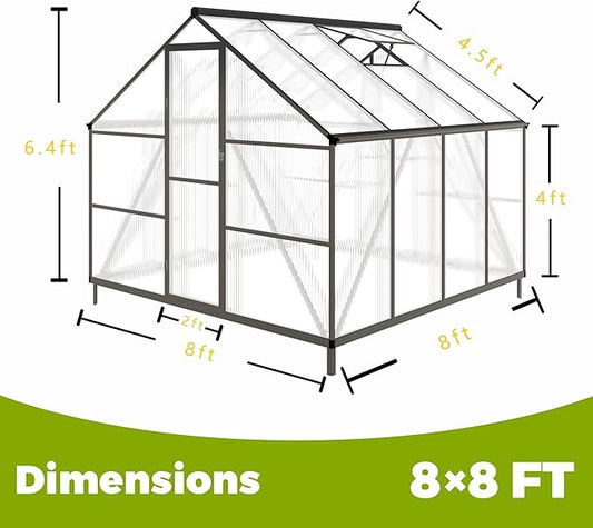 8x8 FT Greenhouses for Outdoors, Polycarbonate Greenhouse with PC Panels, Greenhouses for Outdoors for Yard, Garden, Hobby, Dark Grey