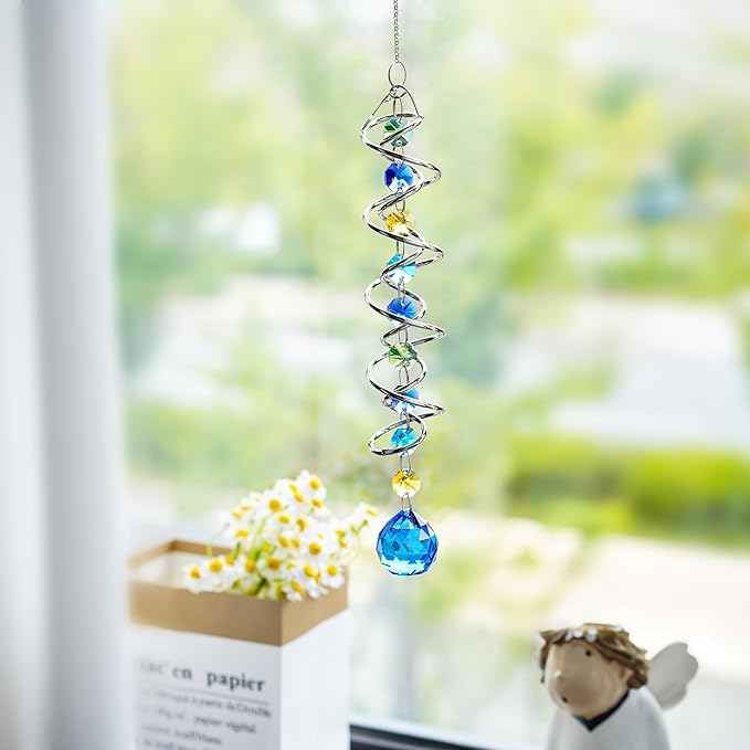 H&D HYALINE & DORA 20.5inch Gazing Ball Spiral Tail,Decorative Wind Spinner Sun Catcher,Rainbow Maker Double-Spiral W/Sea Blue Crystal Ball and Chain,Glass Crystals for Indoor Outdoor Decoration