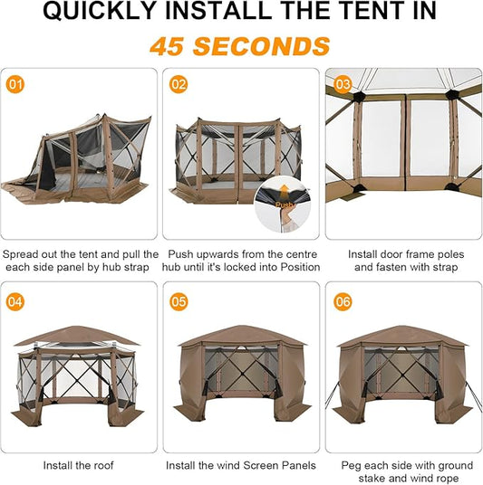 COBlZl 12x12 pop up Gazebo on Clearance Screen Canopy Tent for Camping,Outdoor Instant Stargazing Gazebo,Portable Hub Tent with Removable Sidewalls,Pavilion for Backyard,Brown