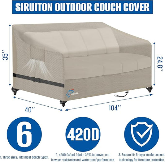 SIRUITON 3-Seat 104" W x 40" D x 35" H Garden Patio Sofa/Loveseat/Bench Cover, Heavy Duty 420D Oxford Waterproof Outdoor Sofa Cover, Lawn Patio Furniture Covers