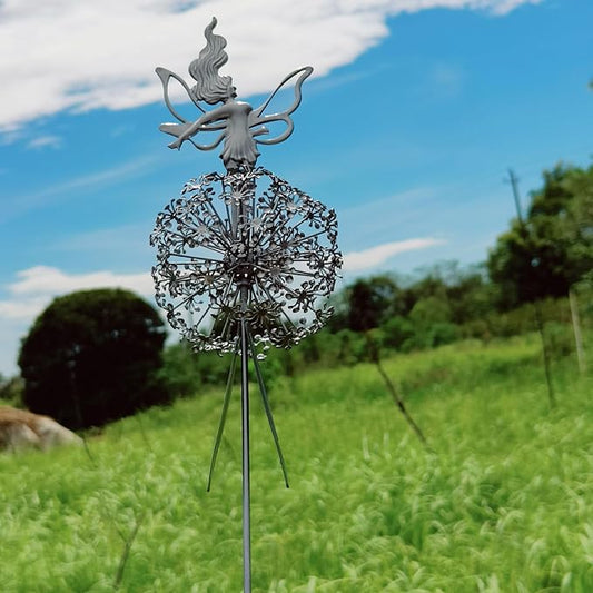Flower Fairy Dancing with Dandelion Garden Art Sculpture Stainless Steel Statue Christmas Halloween Decoration for Outdoor Yard Courtyard Lawn Patio Metal Ornaments (Open Hands)