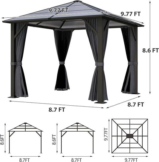 10x10FT Gazebo Hardtop, Outdoor Patio Gazebos with Polycarbonate Roof & Steel Frame, Outdoor Pavilion with Gray Curtain&Netting for Backyard/Lawn/Garden/Deck