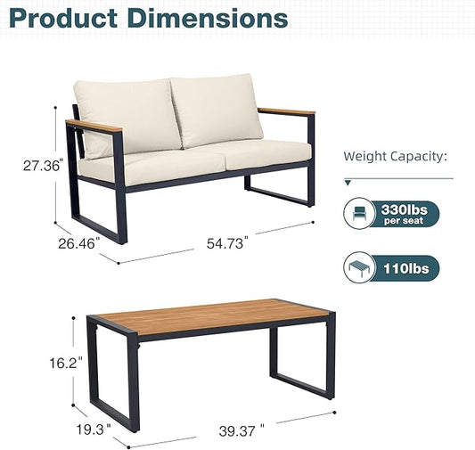 Outdoor Furniture Set, Patio Loveseat and Coffee Table, Outdoor Conversation Chair Sets for Balcony Backyard Park Garden, Beige