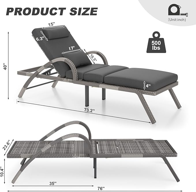 MEISSALIVVE Outdoor Lounge Chairs Set of 2, Patio Chaise Loungers with Adjustable 5 Position & Leg Support, PE Rattan Chaise Lounge, Wicker Pool Recliners Chair for Backyard, Porch, Deck, (Grey