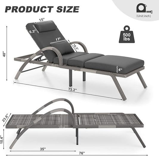 MEISSALIVVE Outdoor Lounge Chairs Set of 4, Patio Chaise Loungers with Adjustable 5 Position & Leg Support, PE Rattan Chaise Lounge, Wicker Pool Recliners Chair for Backyard, Porch, Deck, (Grey