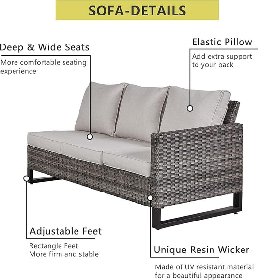 HUMMUH 8 Piece Patio Furniture with Fire Pit,PE Wicker Outdoor Conversation Sets-6-Seater Sofa,Patio Swivel Chairs Outdoor Chairs, Propane Fire Pit,Side Table for Porch,Garden,Backyard