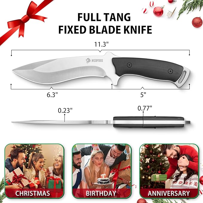 NedFoss Kukri Survival Knife with Sheath, 6" Full Tang Fixed Blade Hunting Knife with G10 Handle for Outdoor, Camping and Survival, Camping Gifts for Men