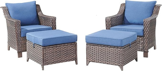 Outdoor Wicker Chair Patio Chairs-Rattan Wicker Chairs with Ottomans Patio Conversation Sets for Porch Garden Balcony Backyard Poolside-Brown/Blue