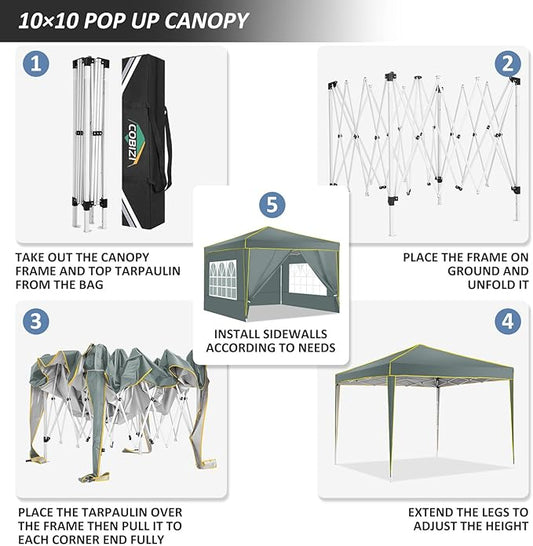 COBIZI 10x10 Pop Up Canopy Party Tents for Parties Waterproof Outdoor Canopy with 4 Sidewalls and 4 Sandbags UV Protection 50+ Commercial Wedding Portable Tent for Backyard, Gray